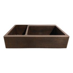 Custom 35" Hammered Copper 30/70 Apron Front Kitchen Sink with Space for Faucet